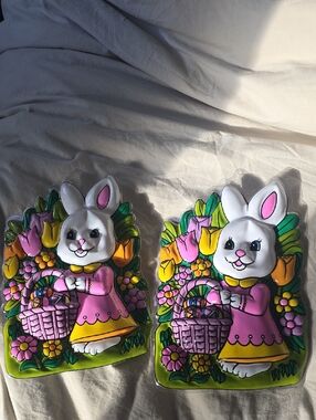 Vintage Pair Of Easter Spring Blow Mold Bunny Holding Spring Baskets